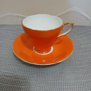 Rare Vintage H&M Sutherland China Solid Vibrant Orange Teacup w/Saucer
